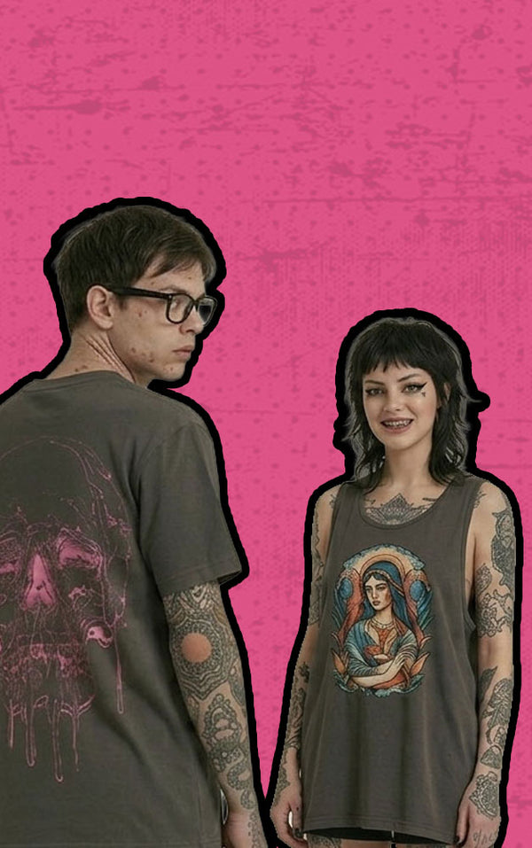 Five models wearing dark gray graphic t-shirts and a matching dark gray hoodie, shown from different angles against a textured hot pink background.