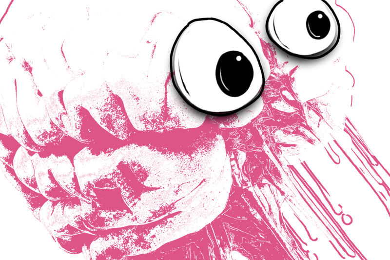 A close-up graphic illustration of a face with large cartoon eyes and a wide open mouth, rendered in pink, white, and black with a distressed, paint-splatter style.