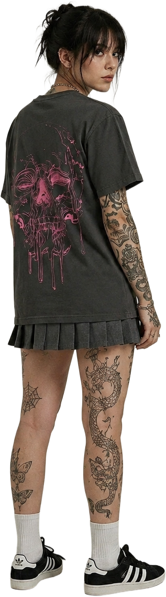 Person wearing a black t-shirt with a pink skull graphic design, standing looking back.