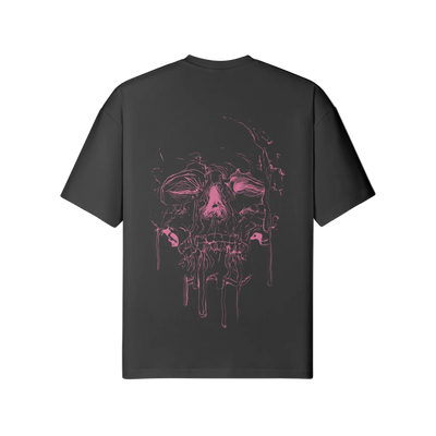 Black t-shirt with pink skull design on the back against a white background