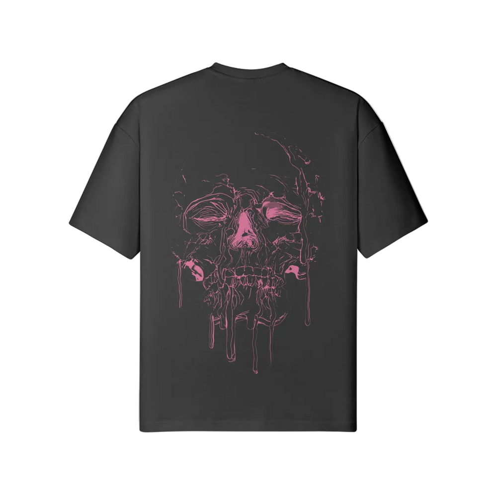 Black t-shirt with pink skull design on the back against a white background