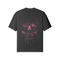 Black t-shirt with pink skull design on the back against a white background