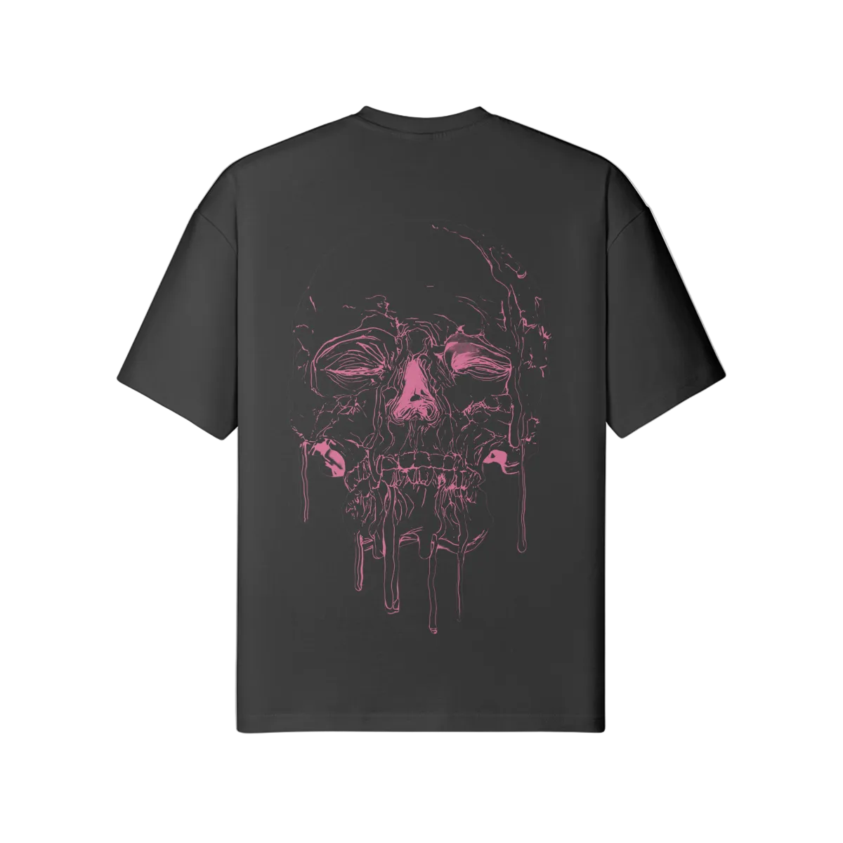 Black t-shirt with pink skull design on the back against a white background